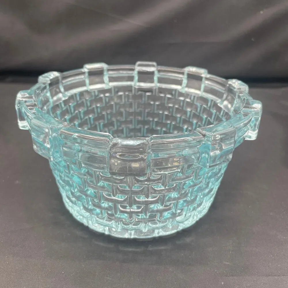 Vintage Blue Glass Basket Weave Bowl Aqua Seafoam Textured Candy Dish